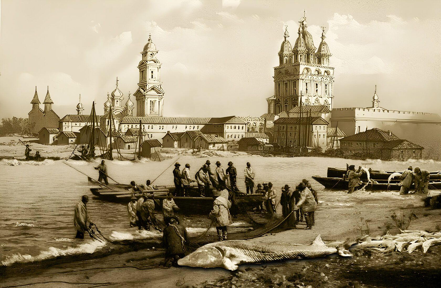 Старинная фотография: астраханские рыбаки с огромным осетром на берегу Волги